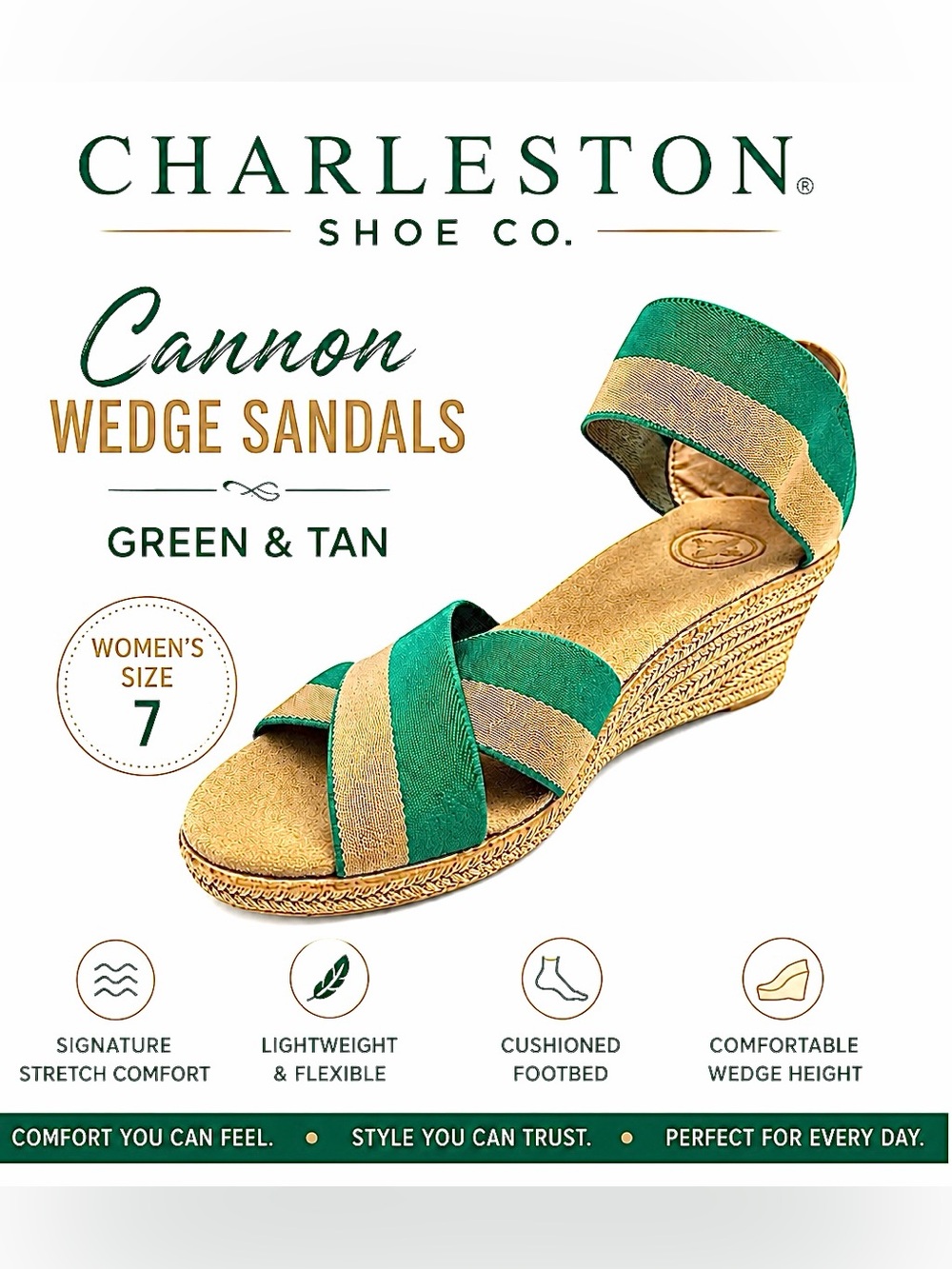 Charleston Shoe Co Cannon Wedge Sandals Green Tan Women’s Size 7